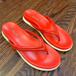 Prada Red Flip Flops, Authentic leather, Prada Letter Detailing, Size 7